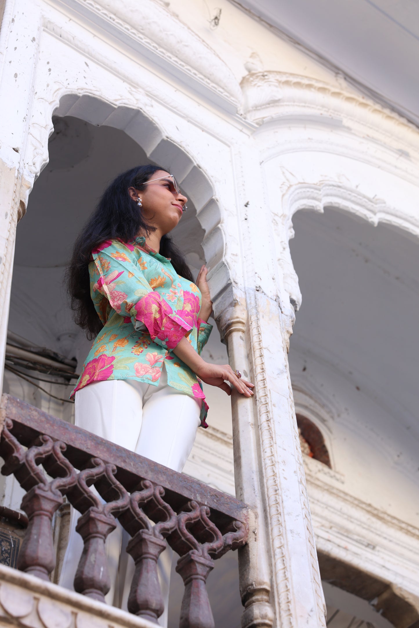 Emerald bloom printed muslin shirt