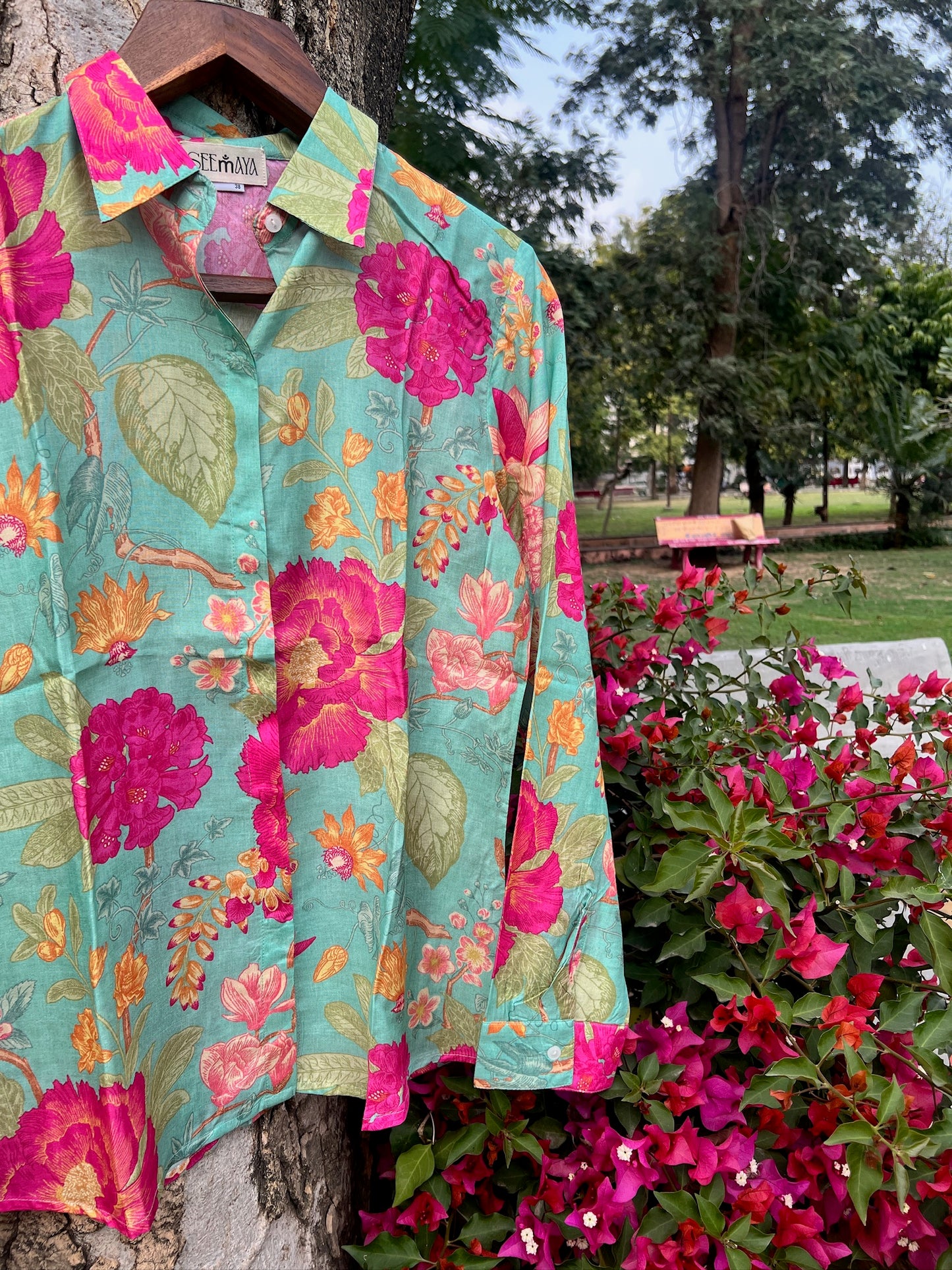 Emerald bloom printed muslin shirt