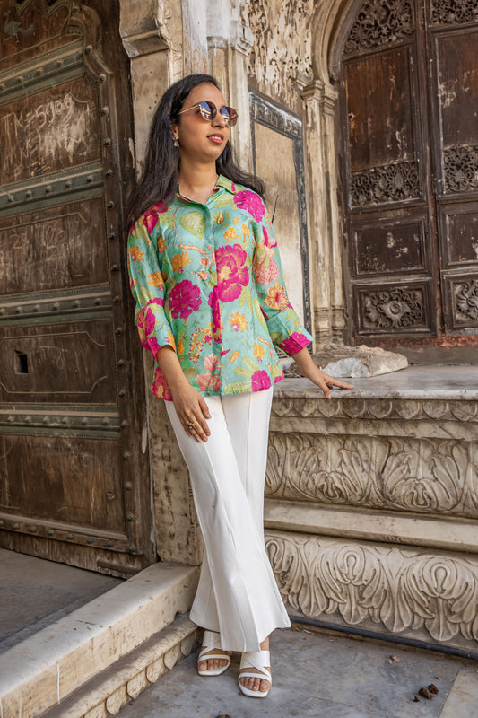 Emerald bloom printed muslin shirt