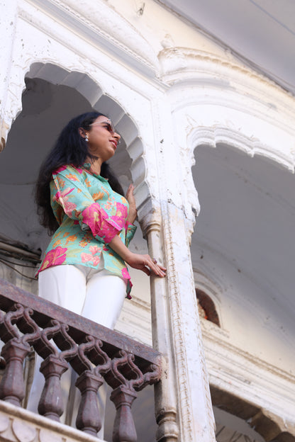 Emerald bloom printed muslin shirt