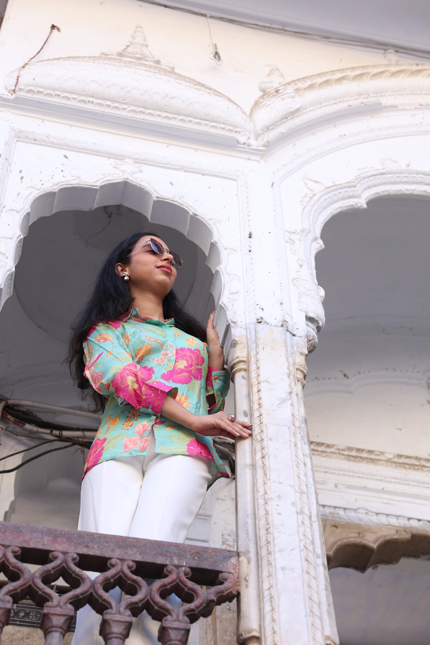Emerald bloom printed muslin shirt