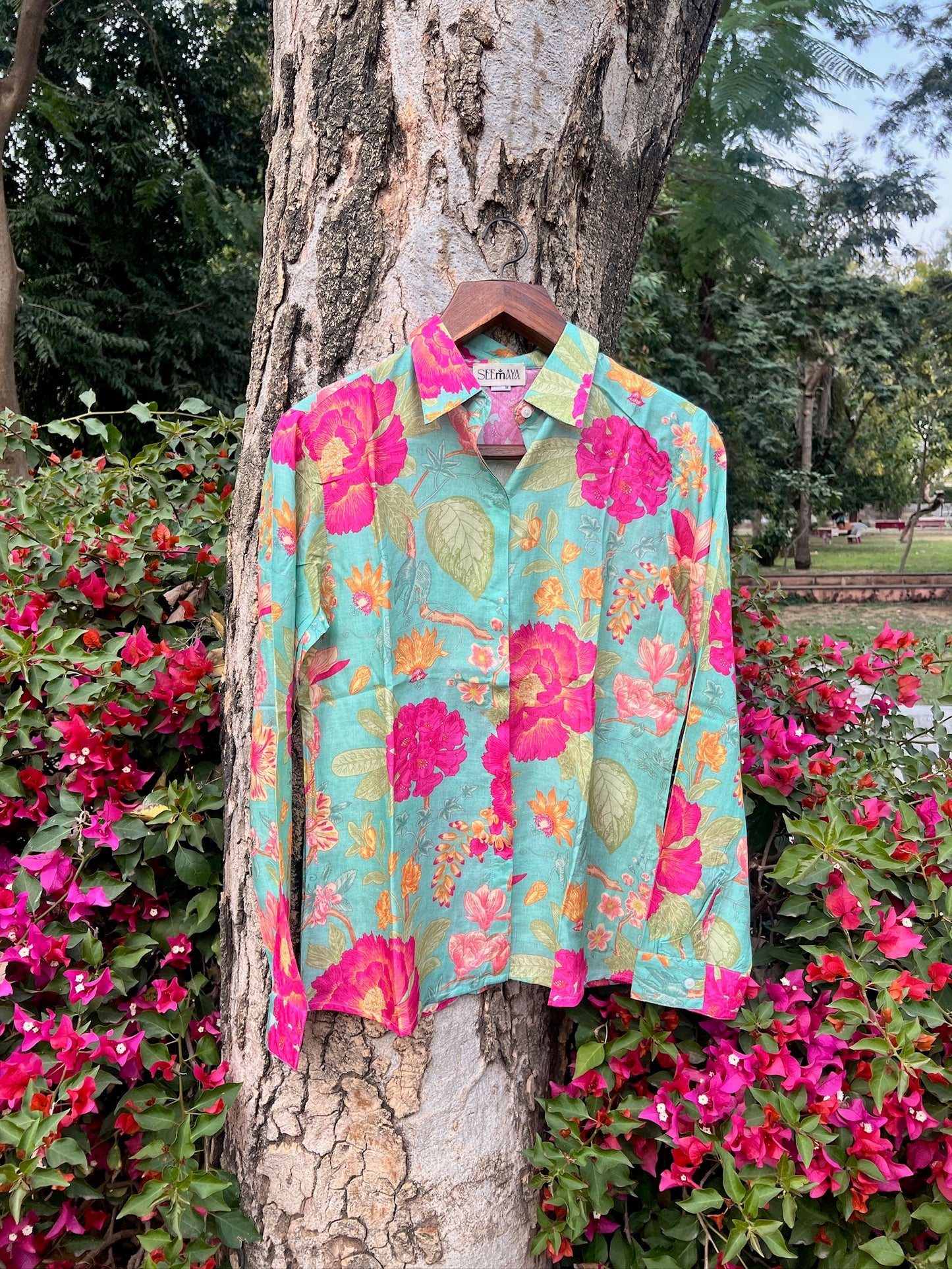 Emerald bloom printed muslin shirt